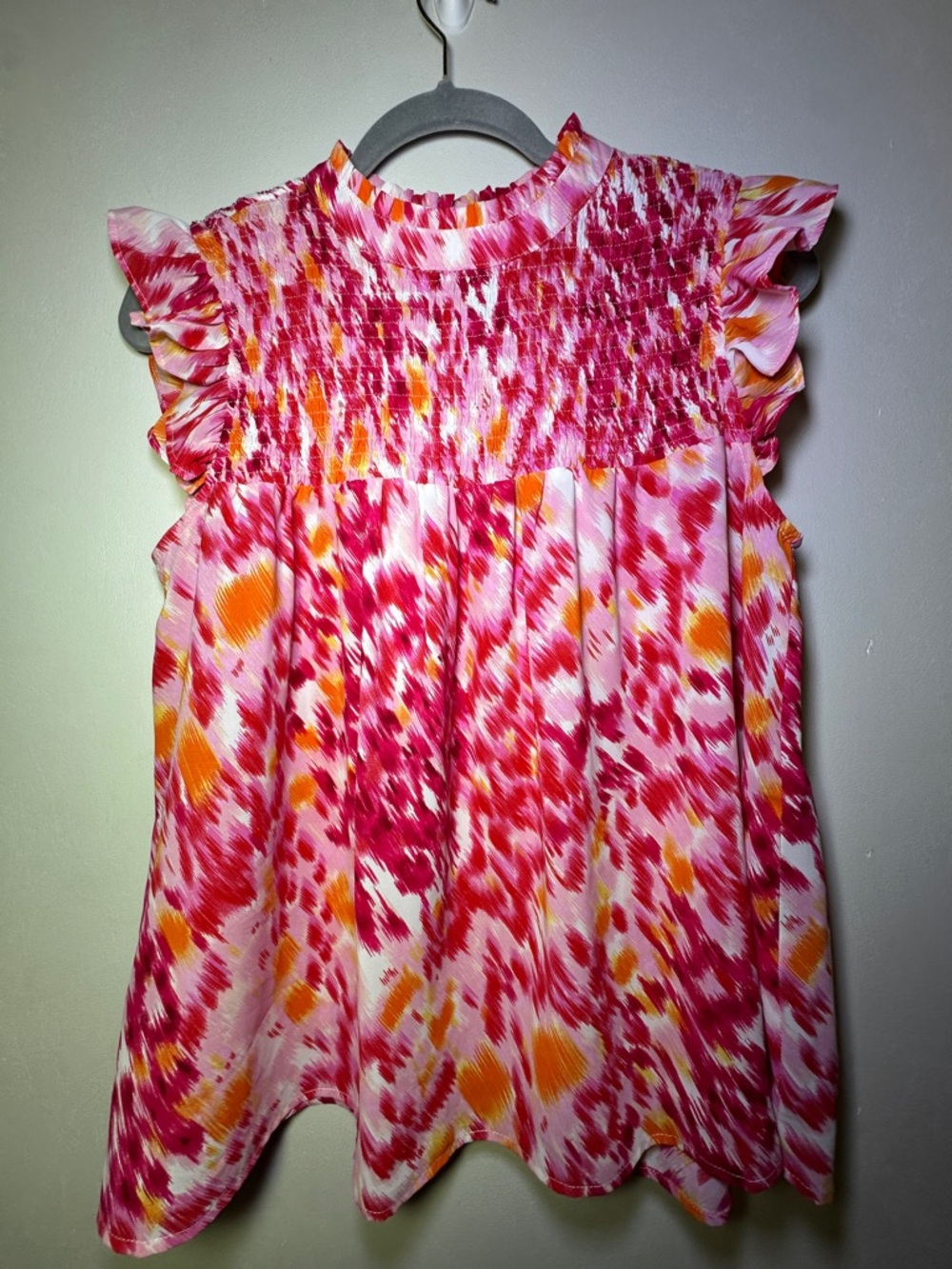 Pink & Orange Smocked Ruffle Sleeve Blouse Size Small Spring Feminine